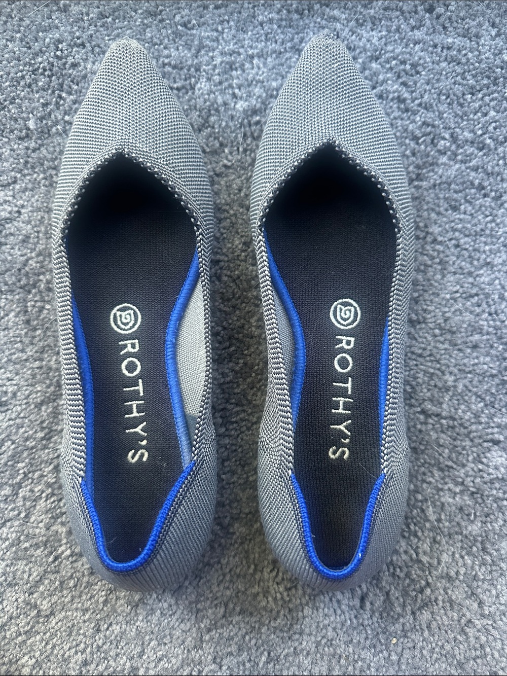 Rothy's Grey Knit Pointed Toe Flats with Blue Trim